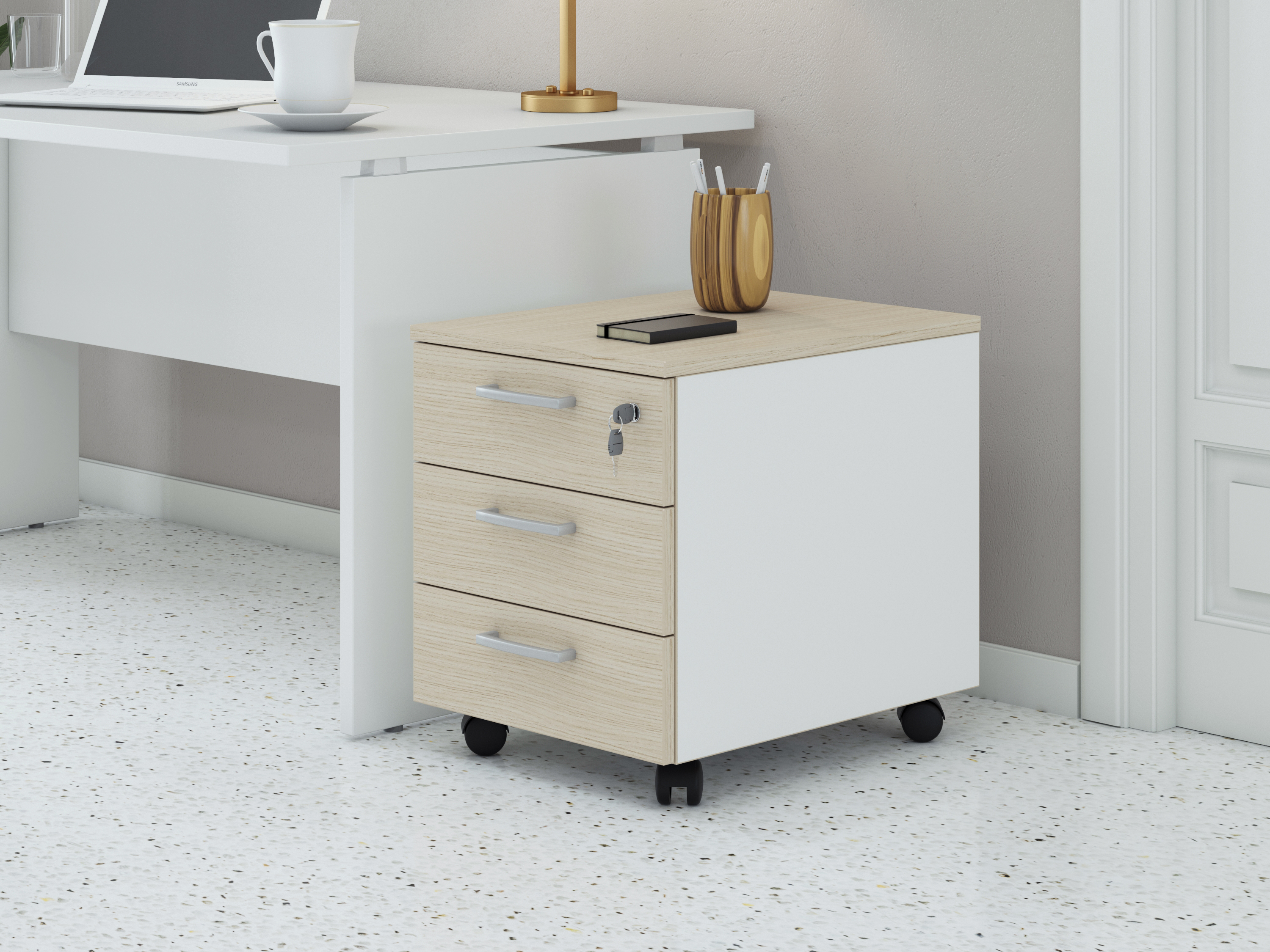 Cassettiera da ufficio con Rotelle OFFICE, L 42 x P 56 x H 51 cm (Rovere Chiaro)